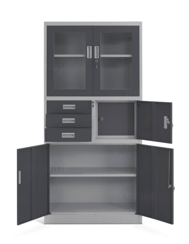 Metalowa witryna szafa aktowa gabinetowa szara do biura z sejfem