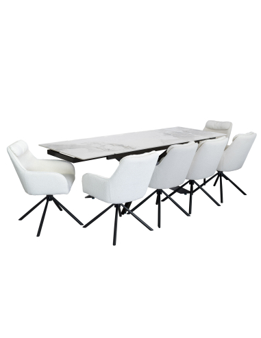 Duży rozkładany stół 240cm ceramiczny blat i 6 obrotowych krzeseł kubełkowych boucle