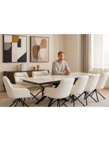 Duży rozkładany stół 240cm ceramiczny blat i 6 obrotowych krzeseł kubełkowych boucle