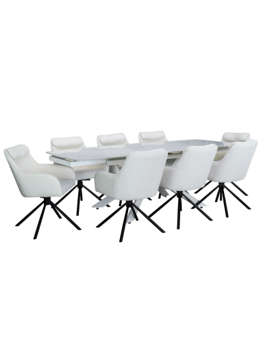 Zestaw do jadalni i sali konferencyjnej: duży stół ceramiczny 160-240 cm + 8 foteli obrotowych bouclé białych