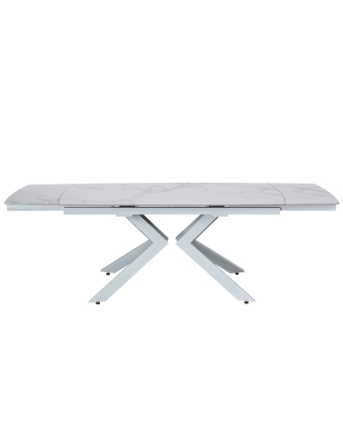 Zestaw do jadalni i sali konferencyjnej: duży stół ceramiczny 160-240 cm + 8 foteli obrotowych bouclé białych