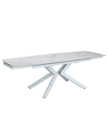 Zestaw do jadalni i sali konferencyjnej: duży stół ceramiczny 160-240 cm + 8 foteli obrotowych bouclé białych