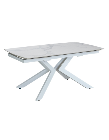 Zestaw do jadalni i sali konferencyjnej: duży stół ceramiczny 160-240 cm + 8 foteli obrotowych bouclé białych