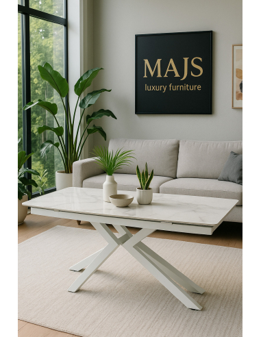 Zestaw do jadalni i sali konferencyjnej: duży stół ceramiczny 160-240 cm + 8 foteli obrotowych bouclé białych