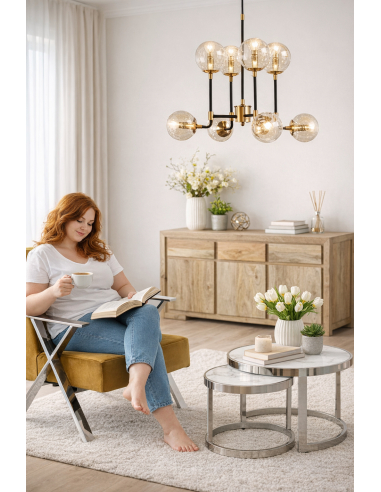 Nowoczesny zestaw mebli do salonu/jadalni – komoda mango, stoliki szklane, fotel welur, lampa