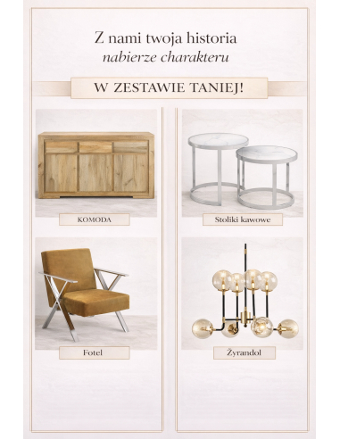 Nowoczesny zestaw mebli do salonu/jadalni – komoda mango, stoliki szklane, fotel welur, lampa