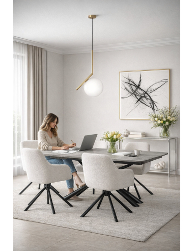 Zestaw do jadalni i salonu: stół rozkładany ceramiczny + 6 foteli obrotowych bouclé + złota lampa + szklana konsola