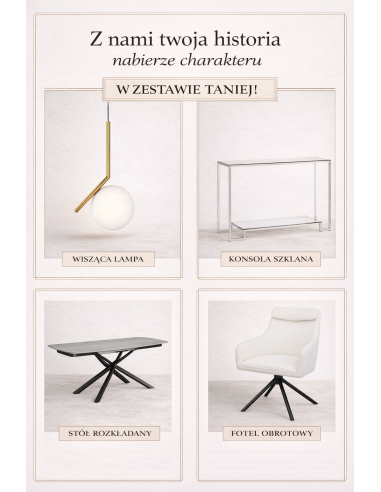 Zestaw do jadalni i salonu: stół rozkładany ceramiczny + 6 foteli obrotowych bouclé + złota lampa + szklana konsola