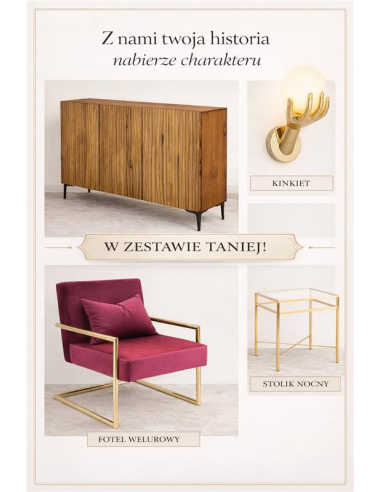 Zestaw do salonu glamour: komoda mango rzeźbiona 150 cm + fotel welurowy burgundowy + złoty stolik szklany + kinkiet