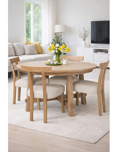 Zestaw do jadalni: okrągły stół jesionowy 137 cm + 4 krzesła dębowe tapicerowane loft modern