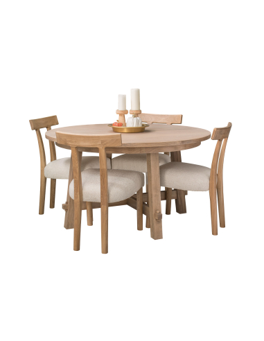 Zestaw do jadalni: okrągły stół jesionowy 137 cm + 4 krzesła dębowe tapicerowane loft modern