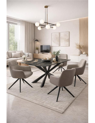 Zestaw do jadalni: stół ceramiczny marmurowy z czarną podstawą + 4 krzesła tapicerowane loft brąz-beż