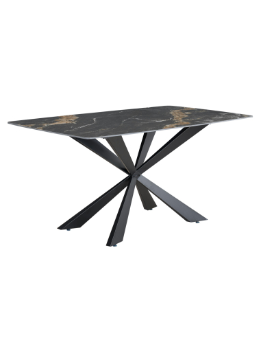 Zestaw do jadalni: stół ceramiczny marmurowy z czarną podstawą + 4 krzesła tapicerowane loft brąz-beż