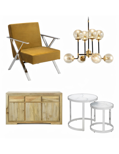 Nowoczesny zestaw mebli do salonu/jadalni – komoda mango, stoliki szklane, fotel welur, lampa