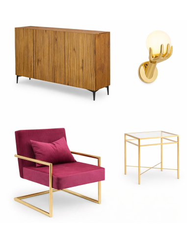 Zestaw do salonu glamour: komoda mango rzeźbiona 150 cm + fotel welurowy burgundowy + złoty stolik szklany + kinkiet