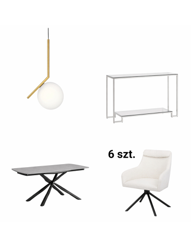 Zestaw do jadalni i salonu: stół rozkładany ceramiczny + 6 foteli obrotowych bouclé + złota lampa + szklana konsola