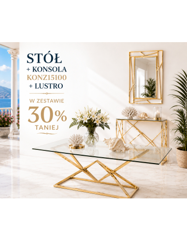 Zestaw mebli glamour złoty: stół 160 cm + konsola 100 cm + lustro 60x90 cm