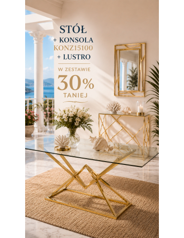 Zestaw mebli glamour złoty: stół 160 cm + konsola 100 cm + lustro 60x90 cm